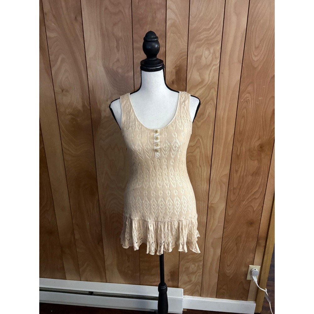 Deletta Anthropologie Cream Pointelle‎ Knit Henley Ruffle Hem Tunic Top XS